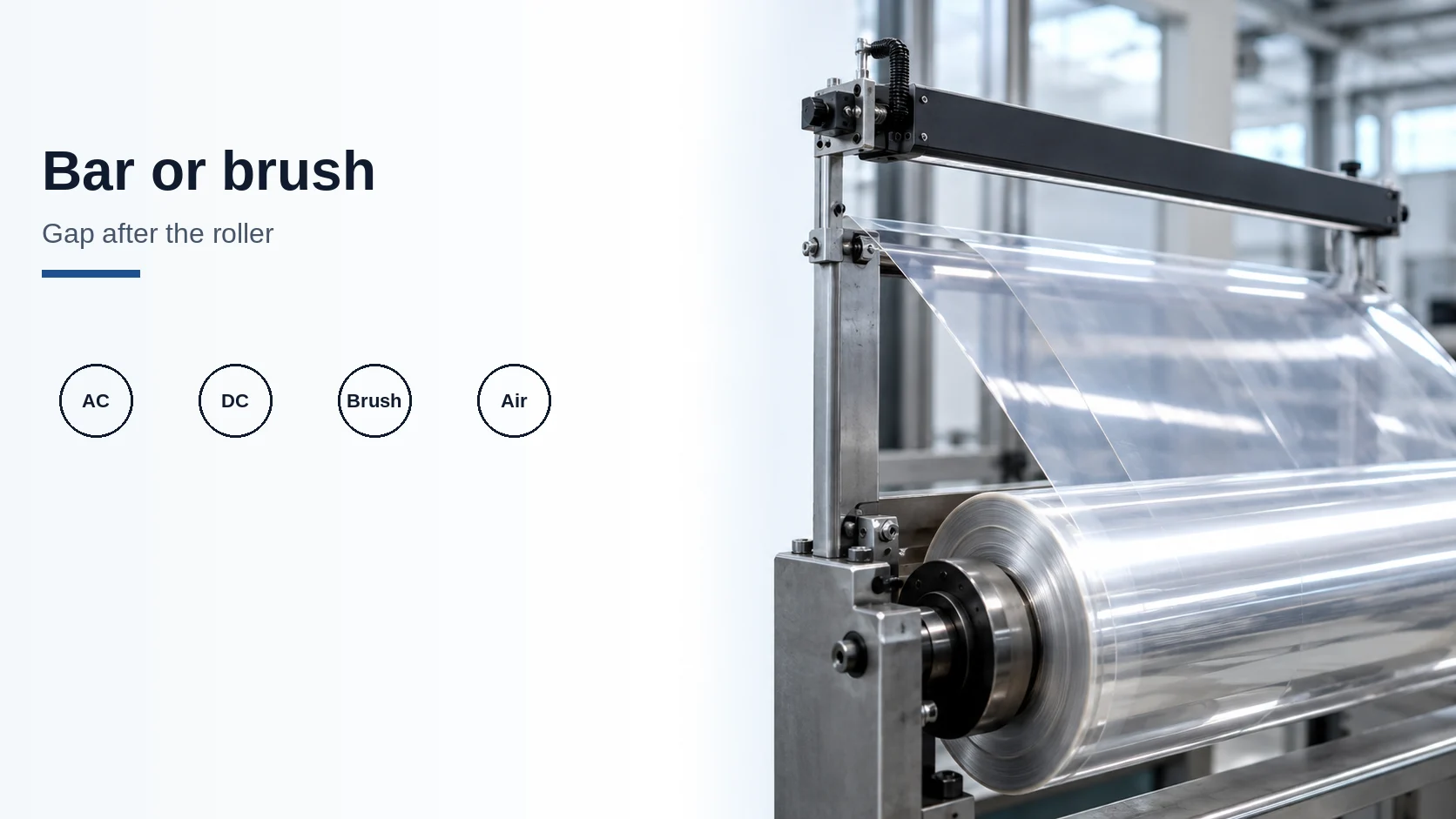Cover titled Bar or brush, beside a clear film web leaving a steel roller under a dark ionizing bar.